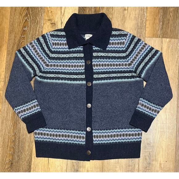 VTG LL Bean Lambswool Sweater/Cardigan Sz. L Nordic Fair Isle Medallion Buttons - Picture 1 of 8